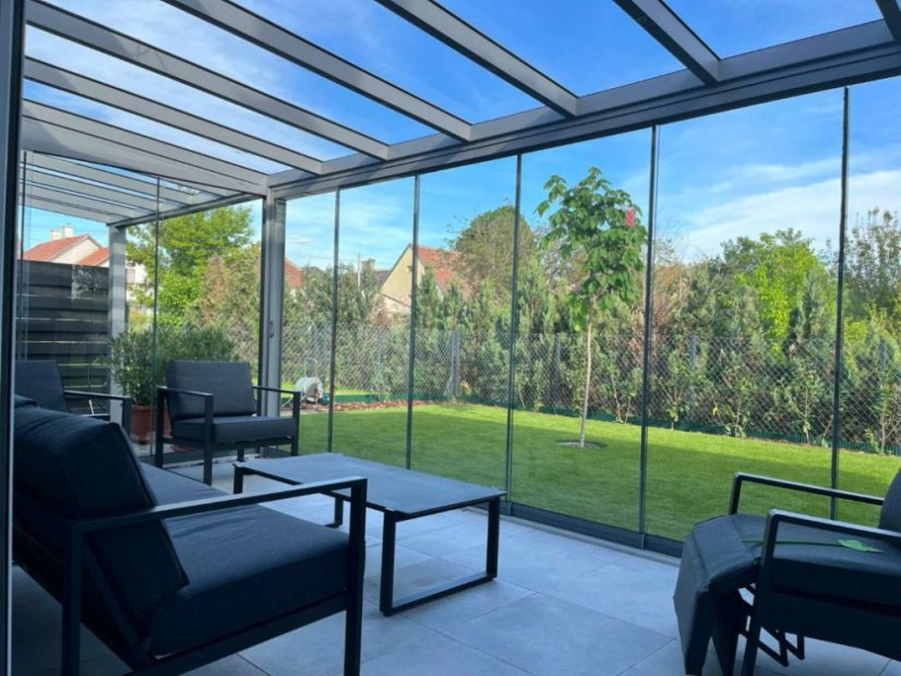 Masivní hliníková skleněná pergola MB Line - antracit, Glass 9 mm, čiré